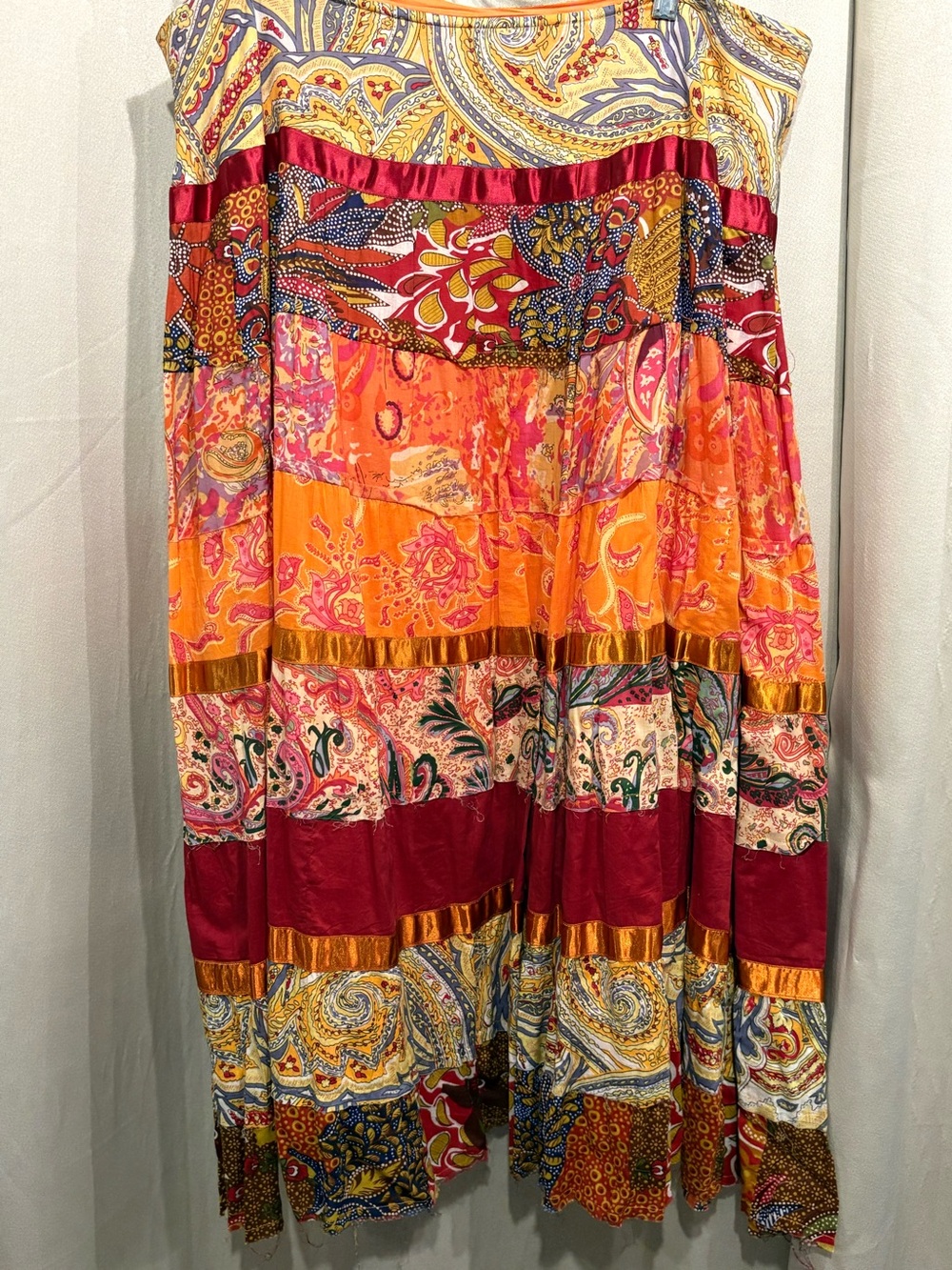 Boho Patchwork Midi Skirt in Orange and Burgundy